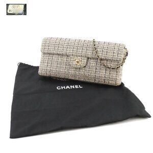 CHANEL Chocolate Bar Chain Shoulder Bag Tweed Leather Beige A15316 90258237